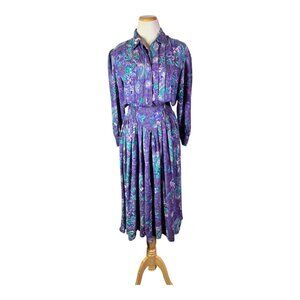 Vintage 1980s Momentos Size L Floral Paisley Dress V-Waist Purple Teal